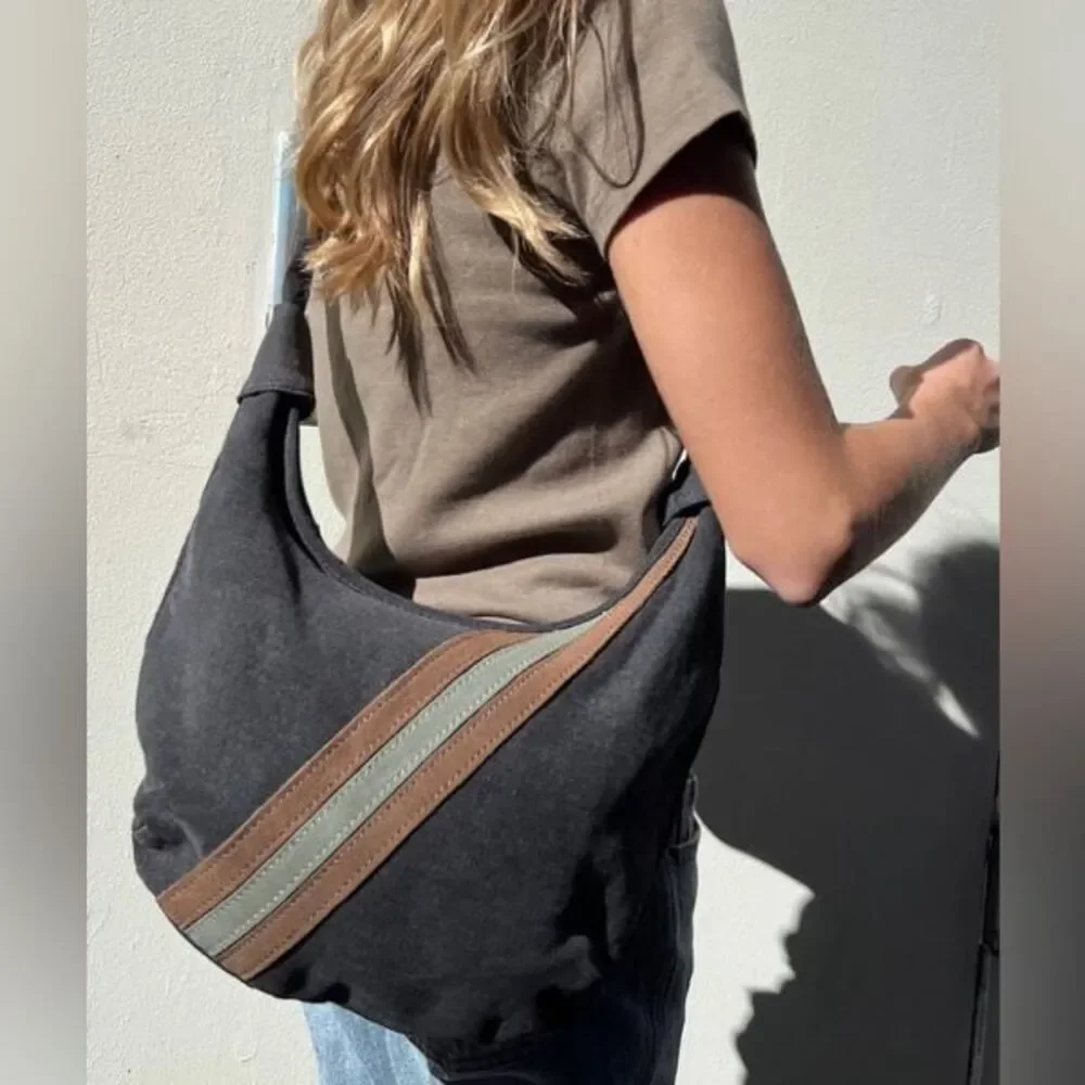 Brandy Melville Hobo Bag Gray Stripe Cotton Leather Zip Shoulder lightweight